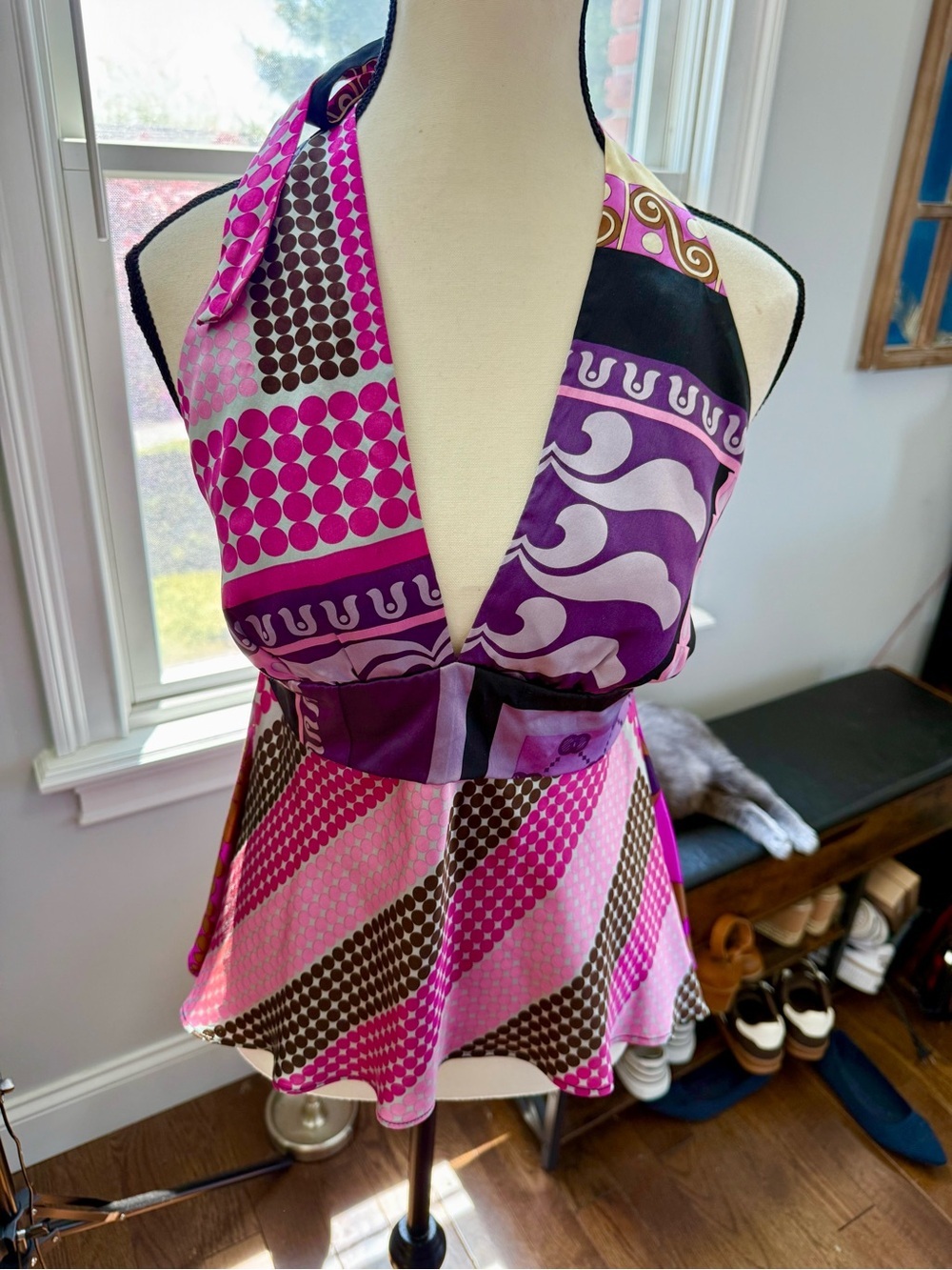 Alice & Trixie 💯 Silk Pink and Purple Patchwork Halter Peplum Cami Large